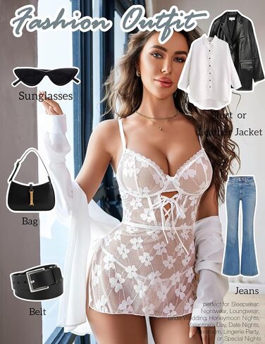 Avidlove Lingerie for Women Lace Babydoll Mesh Chemise Nightgown Side Slit Nightwear S-XXL in Saudi Arabia