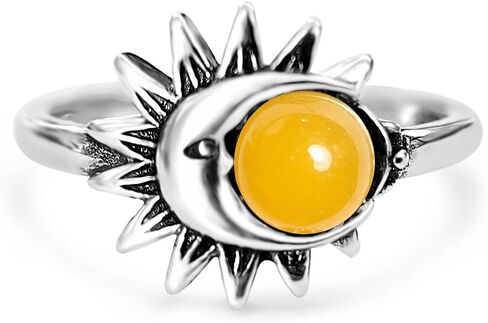 Womens Natural Green Emerald Stone Sun Crescent Moon Ring,Retro S925 Sterling Silver Real Crystal Quartz Gemstone Boho Bohemian Statement Ring Jewelry for Women (A09_Emerald Jade, 9) in Kuwait