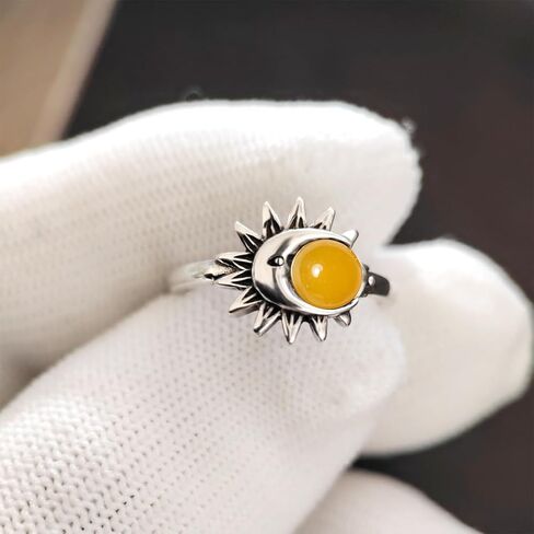 Womens Natural Green Emerald Stone Sun Crescent Moon Ring,Retro S925 Sterling Silver Real Crystal Quartz Gemstone Boho Bohemian Statement Ring Jewelry for Women (A09_Emerald Jade, 9) in Kuwait