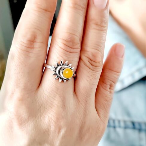 Womens Natural Green Emerald Stone Sun Crescent Moon Ring,Retro S925 Sterling Silver Real Crystal Quartz Gemstone Boho Bohemian Statement Ring Jewelry for Women (A09_Emerald Jade, 9) in Kuwait