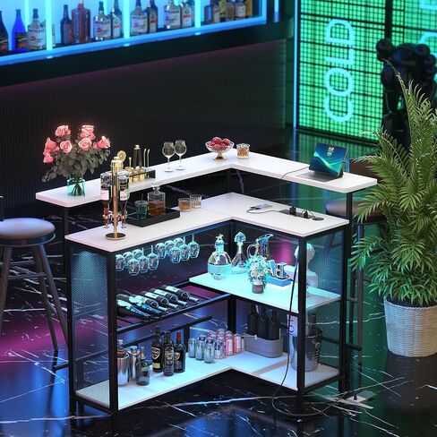 L Shaped Home Bar Unit with Power Outlet & LED Light, Corner Bar Cabinet with Footrest, Wine Bar Cabinet with Glass Holder and Liquor Rack, Bar Table for Dining Room, Kitchen, Basement, White in Saudi Arabia