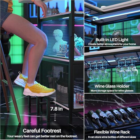 L Shaped Home Bar Unit with Power Outlet & LED Light, Corner Bar Cabinet with Footrest, Wine Bar Cabinet with Glass Holder and Liquor Rack, Bar Table for Dining Room, Kitchen, Basement, White in Saudi Arabia