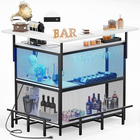 L Shaped Home Bar Unit with Power Outlet & LED Light, Corner Bar Cabinet with Footrest, Wine Bar Cabinet with Glass Holder and Liquor Rack, Bar Table for Dining Room, Kitchen, Basement, White in Saudi Arabia