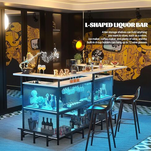 L Shaped Home Bar Unit with Power Outlet & LED Light, Corner Bar Cabinet with Footrest, Wine Bar Cabinet with Glass Holder and Liquor Rack, Bar Table for Dining Room, Kitchen, Basement, White in Saudi Arabia