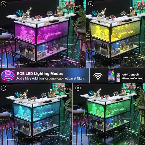 L Shaped Home Bar Unit with Power Outlet & LED Light, Corner Bar Cabinet with Footrest, Wine Bar Cabinet with Glass Holder and Liquor Rack, Bar Table for Dining Room, Kitchen, Basement, White in Saudi Arabia