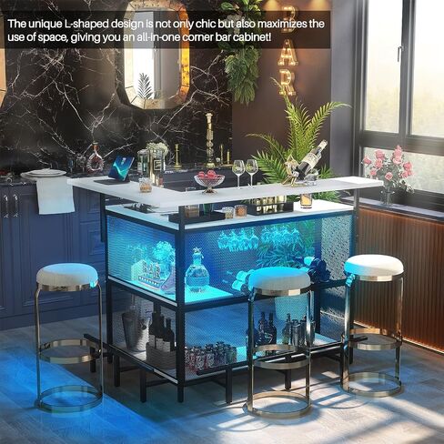 L Shaped Home Bar Unit with Power Outlet & LED Light, Corner Bar Cabinet with Footrest, Wine Bar Cabinet with Glass Holder and Liquor Rack, Bar Table for Dining Room, Kitchen, Basement, White in Saudi Arabia