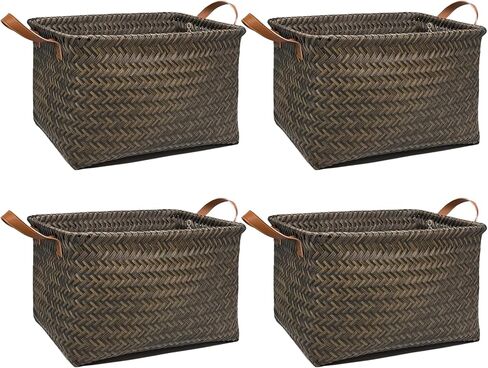 GIB Wicker Storage Baskets for Shelves with Handles 4 Pack, 15"x11" Hand Woven Decorative Rectanguler Baskets Bins Organizer for Blankets Clothes Laundry Bathroom Nursery Picnic, Brown in Kuwait