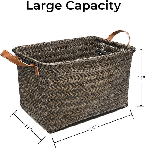 GIB Wicker Storage Baskets for Shelves with Handles 4 Pack, 15"x11" Hand Woven Decorative Rectanguler Baskets Bins Organizer for Blankets Clothes Laundry Bathroom Nursery Picnic, Brown in Kuwait