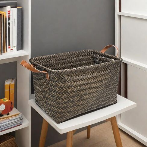 GIB Wicker Storage Baskets for Shelves with Handles 4 Pack, 15"x11" Hand Woven Decorative Rectanguler Baskets Bins Organizer for Blankets Clothes Laundry Bathroom Nursery Picnic, Brown in Kuwait