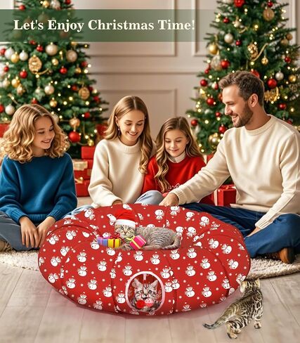 Pawaboo Cat Tunnel Bed Under Christmas Tree 35.4'', Decorative Christmas Style Kitty Tube Tunnel with Toy Ball, Christmas Cat Toy Circle Tunnel (Red Star) in Saudi Arabia