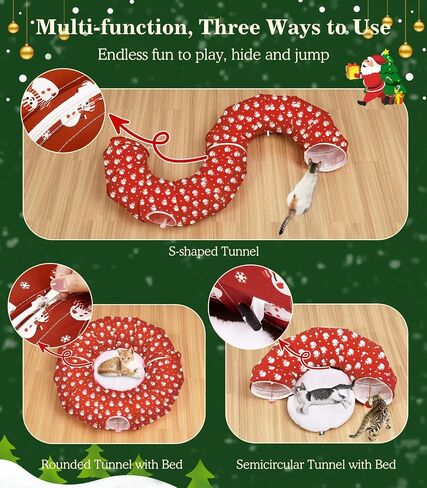 Pawaboo Cat Tunnel Bed Under Christmas Tree 35.4'', Decorative Christmas Style Kitty Tube Tunnel with Toy Ball, Christmas Cat Toy Circle Tunnel (Red Star) in Saudi Arabia
