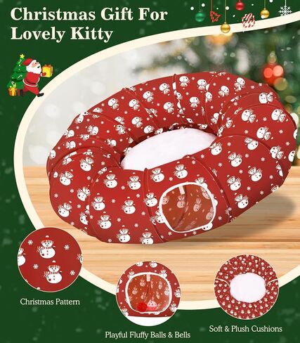 Pawaboo Cat Tunnel Bed Under Christmas Tree 35.4'', Decorative Christmas Style Kitty Tube Tunnel with Toy Ball, Christmas Cat Toy Circle Tunnel (Red Star) in Saudi Arabia