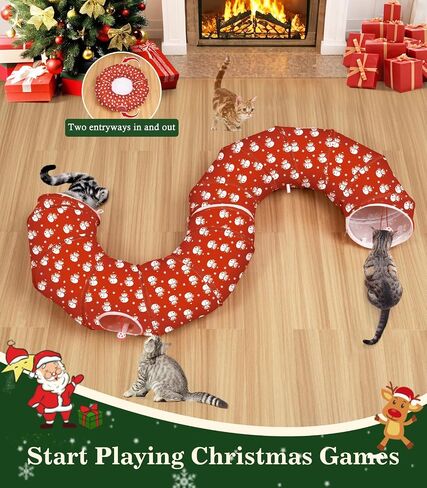 Pawaboo Cat Tunnel Bed Under Christmas Tree 35.4'', Decorative Christmas Style Kitty Tube Tunnel with Toy Ball, Christmas Cat Toy Circle Tunnel (Red Star) in Saudi Arabia