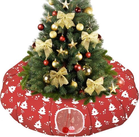 Pawaboo Cat Tunnel Bed Under Christmas Tree 35.4'', Decorative Christmas Style Kitty Tube Tunnel with Toy Ball, Christmas Cat Toy Circle Tunnel (Red Star) in Saudi Arabia