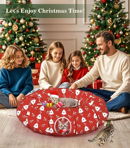 Pawaboo Cat Tunnel Bed Under Christmas Tree 35.4'', Decorative Christmas Style Kitty Tube Tunnel with Toy Ball, Christmas Cat Toy Circle Tunnel (Red Star) in Saudi Arabia