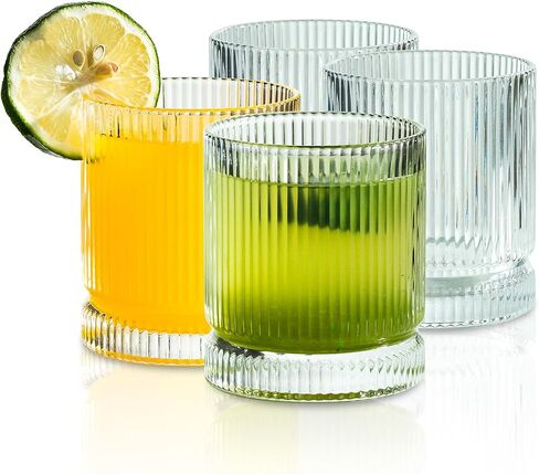 Ribbed Glass Cups Set, 13oz Vintage Drinking Glassware Set, 4 Piece Premium Glassware, Elegant Mixed Glassware Set, Origami Style Cocktail Glasses, Great for Cocktail, Whisky & Beverages (4PCS) in Saudi Arabia