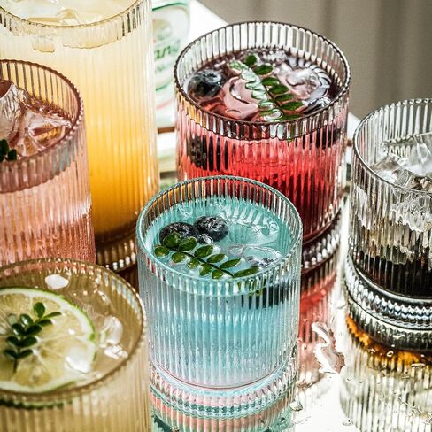 Ribbed Glass Cups Set, 13oz Vintage Drinking Glassware Set, 4 Piece Premium Glassware, Elegant Mixed Glassware Set, Origami Style Cocktail Glasses, Great for Cocktail, Whisky & Beverages (4PCS) in Saudi Arabia