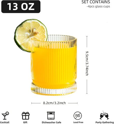 Ribbed Glass Cups Set, 13oz Vintage Drinking Glassware Set, 4 Piece Premium Glassware, Elegant Mixed Glassware Set, Origami Style Cocktail Glasses, Great for Cocktail, Whisky & Beverages (4PCS) in Saudi Arabia