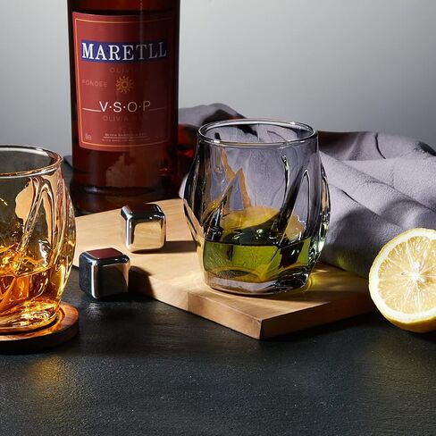 Whiskey Glasses Set of 2, Rocks Glass, 8.5 OZ Drinking Glasses, Creative Twisted Crystal Old Fashioned Cocktail Glass Tumbler for Bourbon, Scotch, Tequila, Cognac, Rum in Saudi Arabia