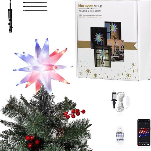 Christmas Star Tree Topper Lighted Plug in, 15.7 Inch Outdoor Foldable Lightweight Moravian Star Tree Topper, Timer & Smart Colorful Remote Control, Christmas Hanging Star with Lights in Saudi Arabia