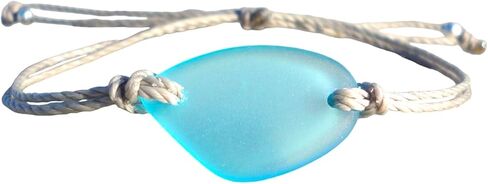 Ocean Blue Sea Glass Adjustable Bracelet-Made From Recycled Glass-Light Blue Free Form Sea Glass Piece with Waterproof Gray Thread-Unique Gift in Kuwait