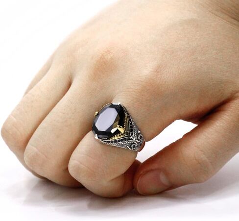 Men's Ring Black Zircon, Tanzanian Blue Zircon Garnet Red Zircon, Green Zircon, Sea Blue Zircon Ring, Handmade Solid S925 Sterling Silver Men's Ring, Vintage Türkiye Ring Perfect Declaration Ring, Men's Christmas Gift Sizes 7-12 in Kuwait