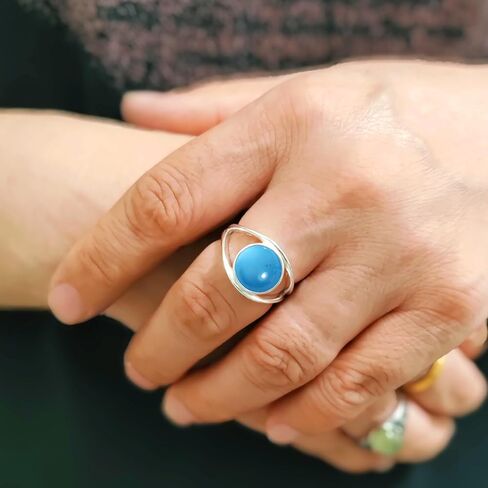 Classic Simple Plain Round Natural Green Dongling Jade Stone Ring,925 Sterling Silver Real Aventurine Quartz Crystal Gemstone Statement Ring for Women Her (A05_Dongling Jade, 8) in Kuwait