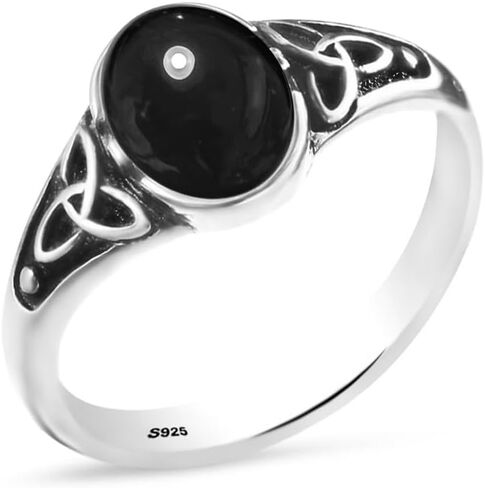 Oval Natural Stone Ring,Retro Vintage Antique S925 Sterling Silver Punk Gothic Cocktail Party Real Crystal Quartz Gemstone Ring Jewelry for Women (A01_Black Agate, 9) in Kuwait
