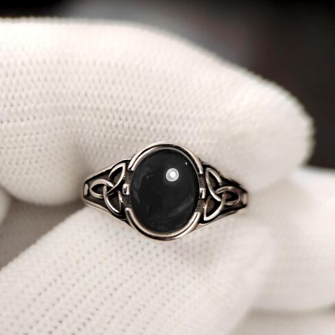 Oval Natural Stone Ring,Retro Vintage Antique S925 Sterling Silver Punk Gothic Cocktail Party Real Crystal Quartz Gemstone Ring Jewelry for Women (A01_Black Agate, 9) in Kuwait