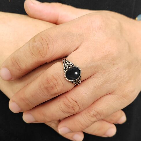 Oval Natural Stone Ring,Retro Vintage Antique S925 Sterling Silver Punk Gothic Cocktail Party Real Crystal Quartz Gemstone Ring Jewelry for Women (A01_Black Agate, 9) in Kuwait
