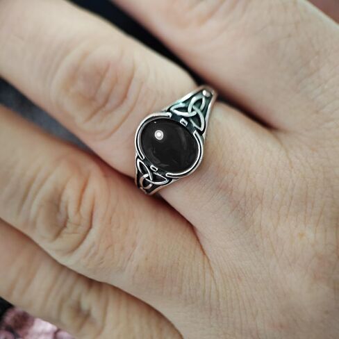 Oval Natural Stone Ring,Retro Vintage Antique S925 Sterling Silver Punk Gothic Cocktail Party Real Crystal Quartz Gemstone Ring Jewelry for Women (A01_Black Agate, 9) in Kuwait