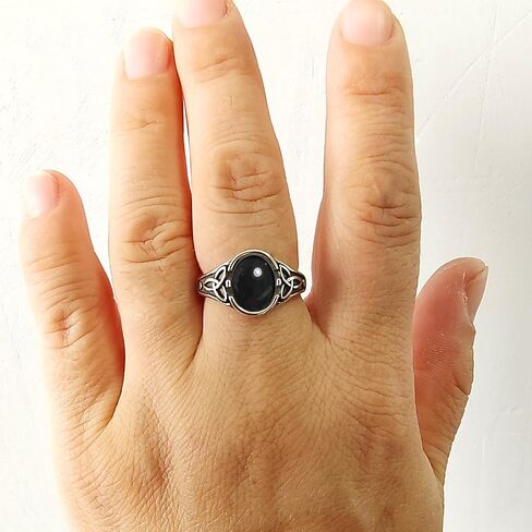 Oval Natural Stone Ring,Retro Vintage Antique S925 Sterling Silver Punk Gothic Cocktail Party Real Crystal Quartz Gemstone Ring Jewelry for Women (A01_Black Agate, 9) in Kuwait