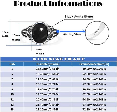 Oval Natural Stone Ring,Retro Vintage Antique S925 Sterling Silver Punk Gothic Cocktail Party Real Crystal Quartz Gemstone Ring Jewelry for Women (A01_Black Agate, 9) in Kuwait
