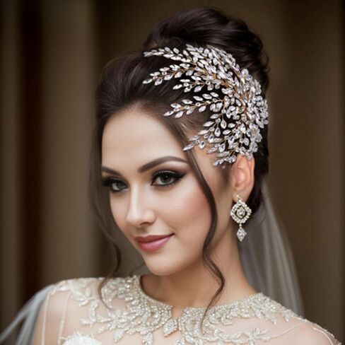 HONGMEI Bridal Rhinestone Headpiece for Wedding，Leaf Crystal Hair Pieces Bride Side Headpieces Wedding Hair Accessories for Women (Silver) in Kuwait