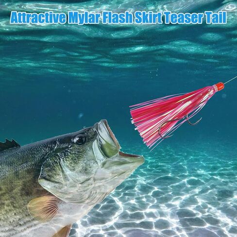 Mylar Teaser Tail Fishing Teasers Lure 0.3oz Jig Head Saltwater Teaser Fishing Lures Mylar Flash Trolling Skirts Lures Bucktail Teasers for Ballyhoo Wahoo Kingfish Sea Bass in Kuwait