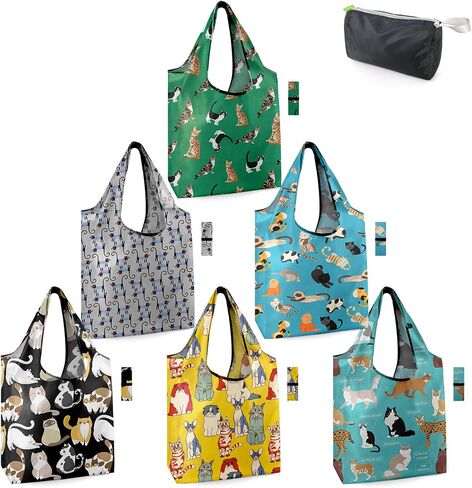 BeeGreen Gifts for Cat Lovers 6 Pack Cats Reusable Grocery Bags with Elastic Band Reusable Shopping Bags Bulk 50LBS X-Large Foldable-Machine Washable-Heavy Duty in Kuwait