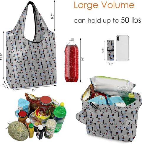 BeeGreen Gifts for Cat Lovers 6 Pack Cats Reusable Grocery Bags with Elastic Band Reusable Shopping Bags Bulk 50LBS X-Large Foldable-Machine Washable-Heavy Duty in Kuwait