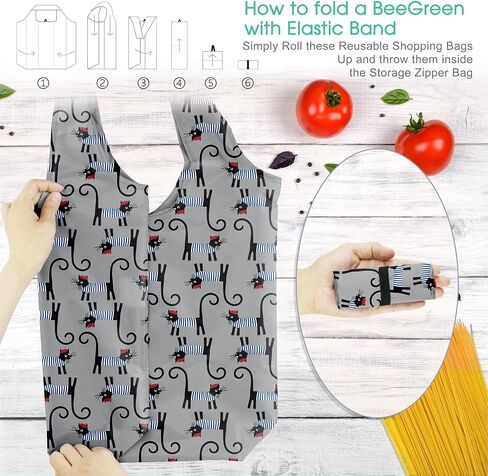 BeeGreen Gifts for Cat Lovers 6 Pack Cats Reusable Grocery Bags with Elastic Band Reusable Shopping Bags Bulk 50LBS X-Large Foldable-Machine Washable-Heavy Duty in Kuwait