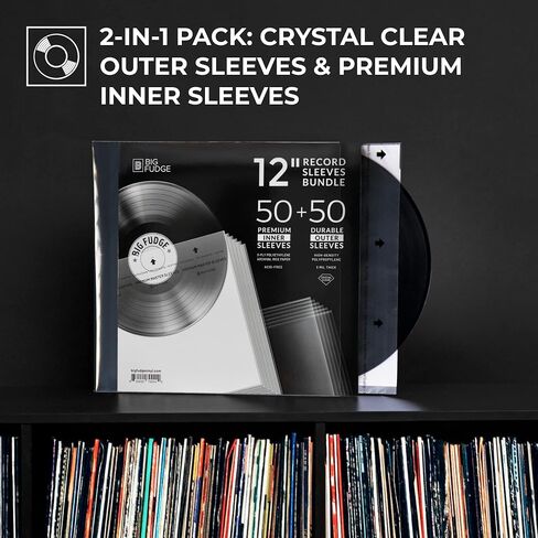 BIG FUDGE Inner & Outer Vinyl Record Sleeves Bundle 100pcs - 12 inch x 50pcs Anti Static & Acid Free Archival Rice Paper Inner Sleeves - 12" x50pcs High-Density Polypropylene Album Covers in Saudi Arabia