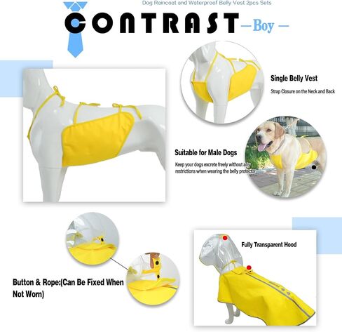 MAMORE Dog Raincoat and Waterproof Belly Vest 2pcs Sets, Wearable Separately, Poncho and Belly Cover for Small Medium Large Dogs, Adjustable Breathable Reflective Hood (Yellow-Male, Small) in Saudi Arabia