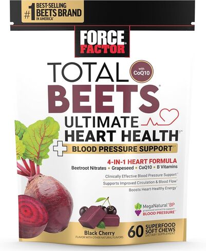 FORCE FACTOR Total Beets Ultimate Heart Health Blood Pressure Support Chews with CoQ10, Beet Root Powder, Grape Seed Extract, Blood Pressure Supplement for Circulation & Blood Flow, 60 Soft Chews in Saudi Arabia