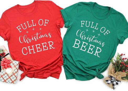 Full Of Christmas Beer and Full Of Christmas Cheer Matching Shirts, Funny Couples Holiday Party T-Shirt, Christmas Gıft (ADULT S, RED, FULL OF THE CHRISTMAS CHEER) in Kuwait