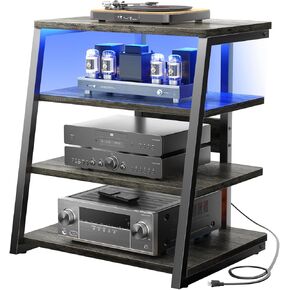 armocity 4-Tier AV Media Stand with Power Strips, Corner TV Stand with LED Lights, Rack Audio Tower with Adjustable Shelves, Corner Entertainment Center, 30'', Black Walnut