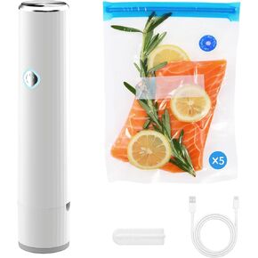 Compact Vacuum Sealer For Food + 5 Reusable Vacuum Bags, Automatic Stop, Rechargeable, 60KPA Suction Power, 1200mAH, Widely Compatible with Vacuum Bags/Containers/Wine Stoppers/Jar Sealers
