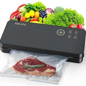 DEVINC Vacuum Sealer Machine, Compact Food Sealer with 10 Vaccum Bags & 1 Bag Roll, Multi-functional Food Vacuum Sealer for Food Storage, Dry & Moist Food Modes with Built-in Cutter, Black