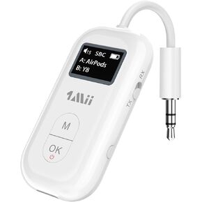 1Mii SafeFly Pro Bluetooth 5.3 Transmitter Receiver, Wireless Audio Adapter w/Screen for 2 Bluetooth Headphones, AptX LL/HD/AD, Use with Any 3.5MM Jack on Airplane, TV & iPad/Tablet