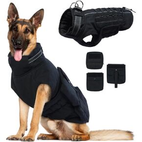 DORA BRIDAL Tactical Dog Winter Coat, Adjustable Military Service Dog Harness for Training, Walking, Hiking, Dog Vest with Molle Panels with 3 Pouches for Small Medium Large Dogs, Black, XS