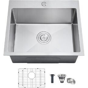 21×18 inches Drop-in Kitchen Sink Single Bowl, Small Topmount Kitchen Sink with Protective Bottom Grid, Overmount 304 Stainless Steel Kitchen Bar Sink Handmade with 1 Hole