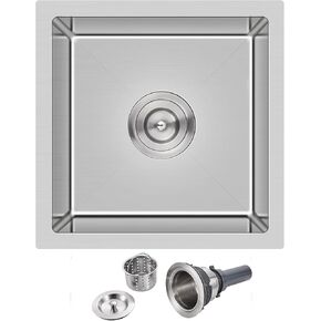18 inch Bar Sink, KINKIB 18 x 18 x 9 inch Undermount Bar or Prep Kitchen Sink, Handmade Single Bowl T-304 Stainless Steel Small Kitchen Sink with Strainer