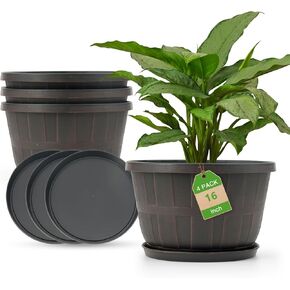 Quarut 10 inch Plastic Flower Pots for Indoor Plants，4 Pack Large Outdoor Planter Pot with Drainage Holes & Saucers，Imitation Wine Barrel Design，for Indoor Outdoor Garden Plants（Brown）